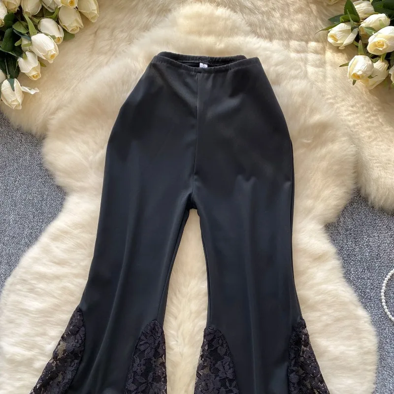 Women New Loose Casual Fashion Simple Yankee Premium Niche Design Sense Pure Color Lace Net Yarn Extravagant Flared Trousers