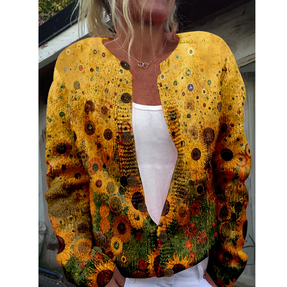 

Осень-зима вязаный кардиган с цветочным принтом, повседневный свитер, уличная одежда, женские свитера, вязаный топ, крутые джемперы, модные
