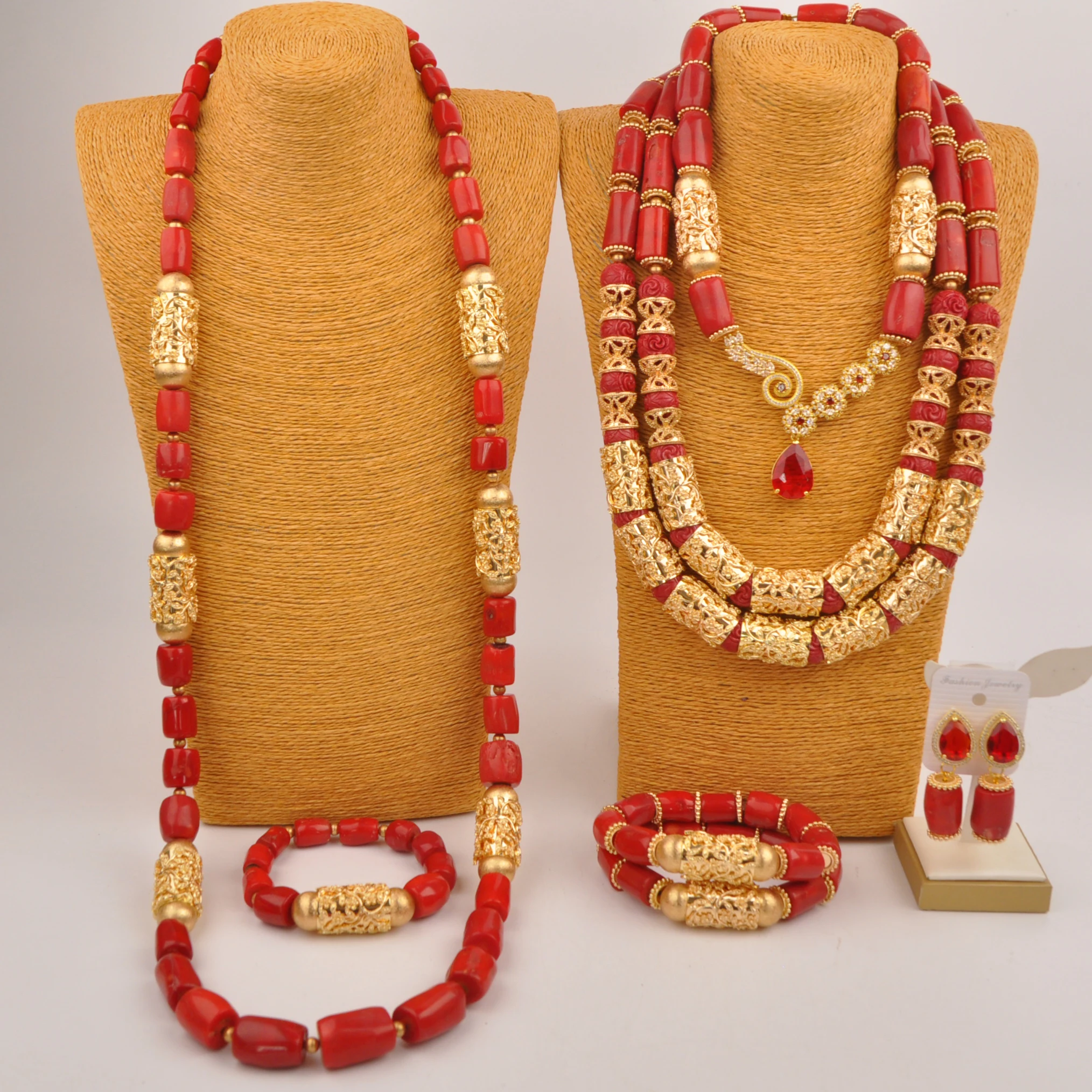 Fashion African Jewelry Set Red Real Coral Bead Necklace for Couple