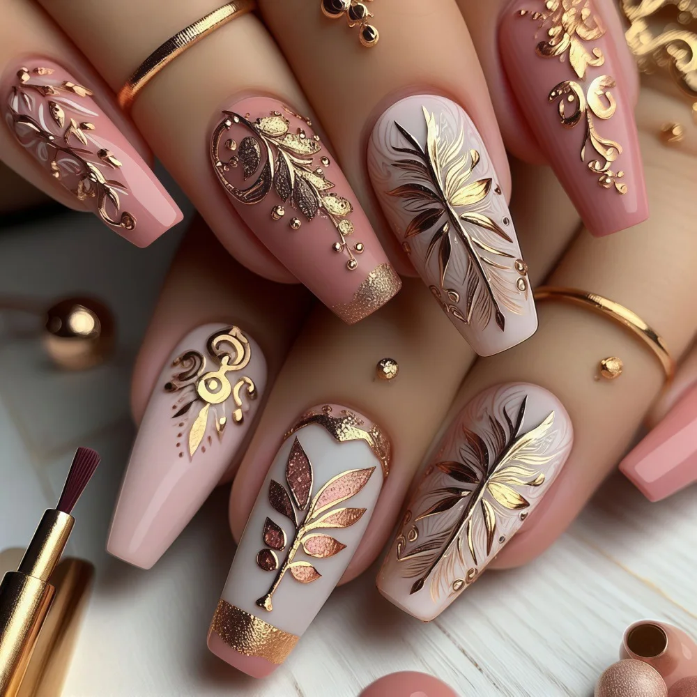 24pcs Press on NailsGolden Leaf Mid-length Ballet False Nail Fashion Full Cover Manicure Tips Datachable Fake Nails Set