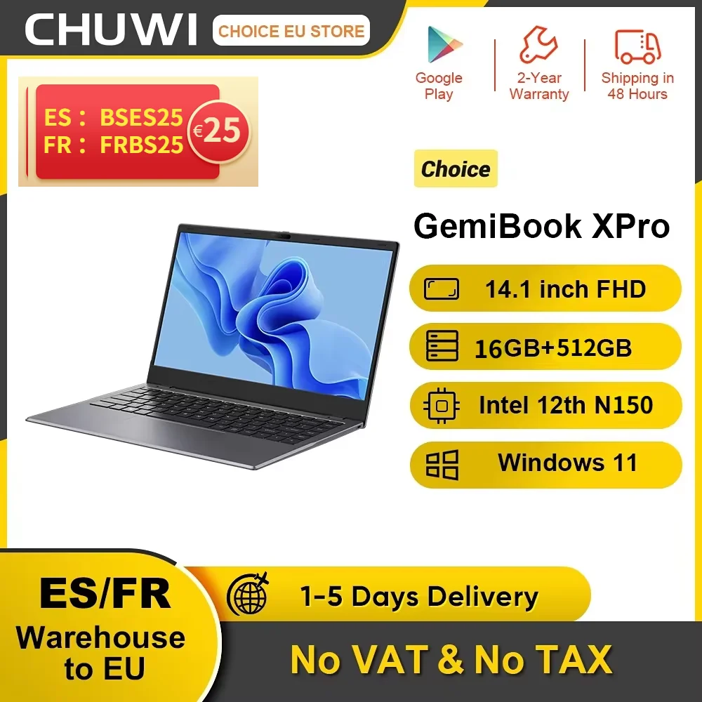 CHUWI GemiBook XPro 14,1 inch laptop Intel 12e N150 16GB DDR5 512GB SSD Windows 11 1920*1080 16:9 scherm WiFi 6 BT5.2 38Wh