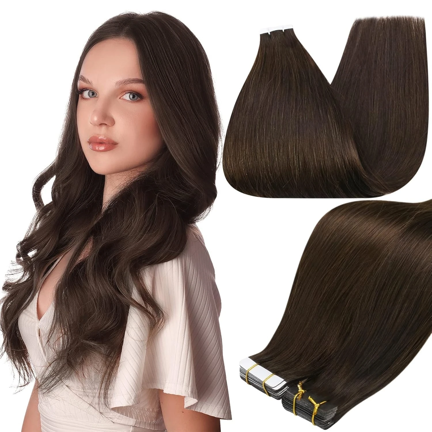 Full Shine Tape in Hair Extensions Double Sided Tape Remy Hair Natural Straight Hair 60 Pcs for Women
