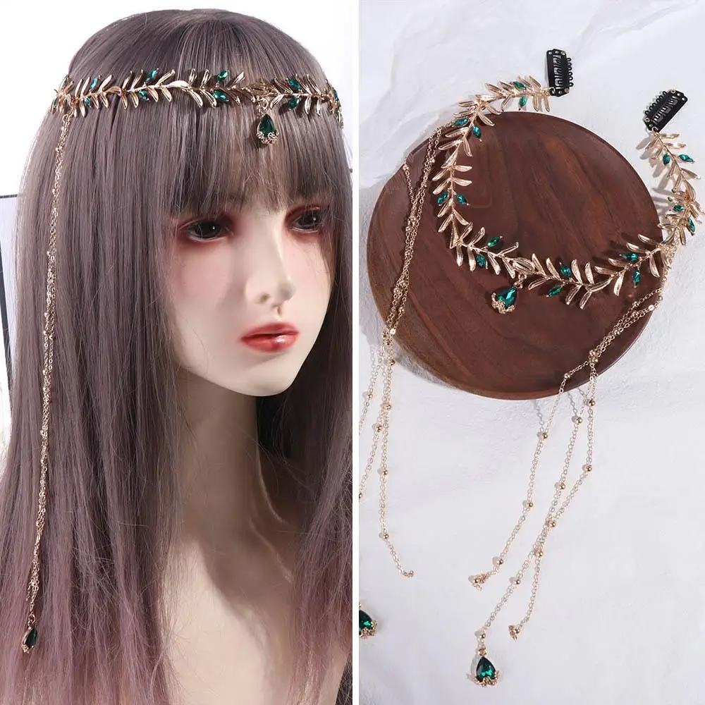 Elegant Vintage Olive Leaf Head Chain โลหะผสมคริสตัลหน้าผากแถบคาดศีรษะหวีพู่ Hellenism เครื่องประดับหญิง
