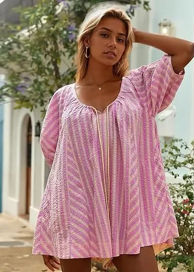 Summer Beach Rompers For Women Casual Loose Striped Puff Short Sleeve Adjustable Neck Wide Leg Oversized Jumpsuit With Pockets