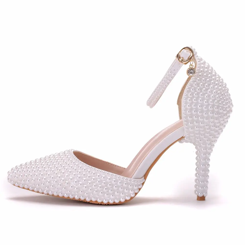 Crystal Queen Pointed Toe White Pearl Wedding Shoes Thin Heels Shoes Bridal High Heels Shoes Female Party Ankle Strap Sandals