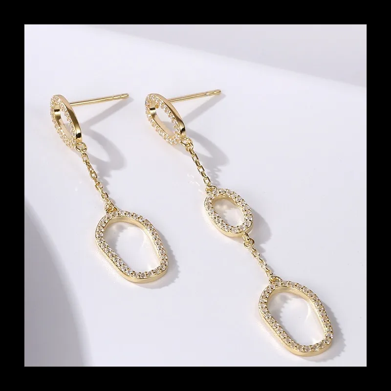 النسخة الكورية من أقراط الزركونيوم المصنوعة من الفضة الإسترليني ذات المزاج البسيط للنساء، دائرة مجوفة هندسية طويلة مهدب