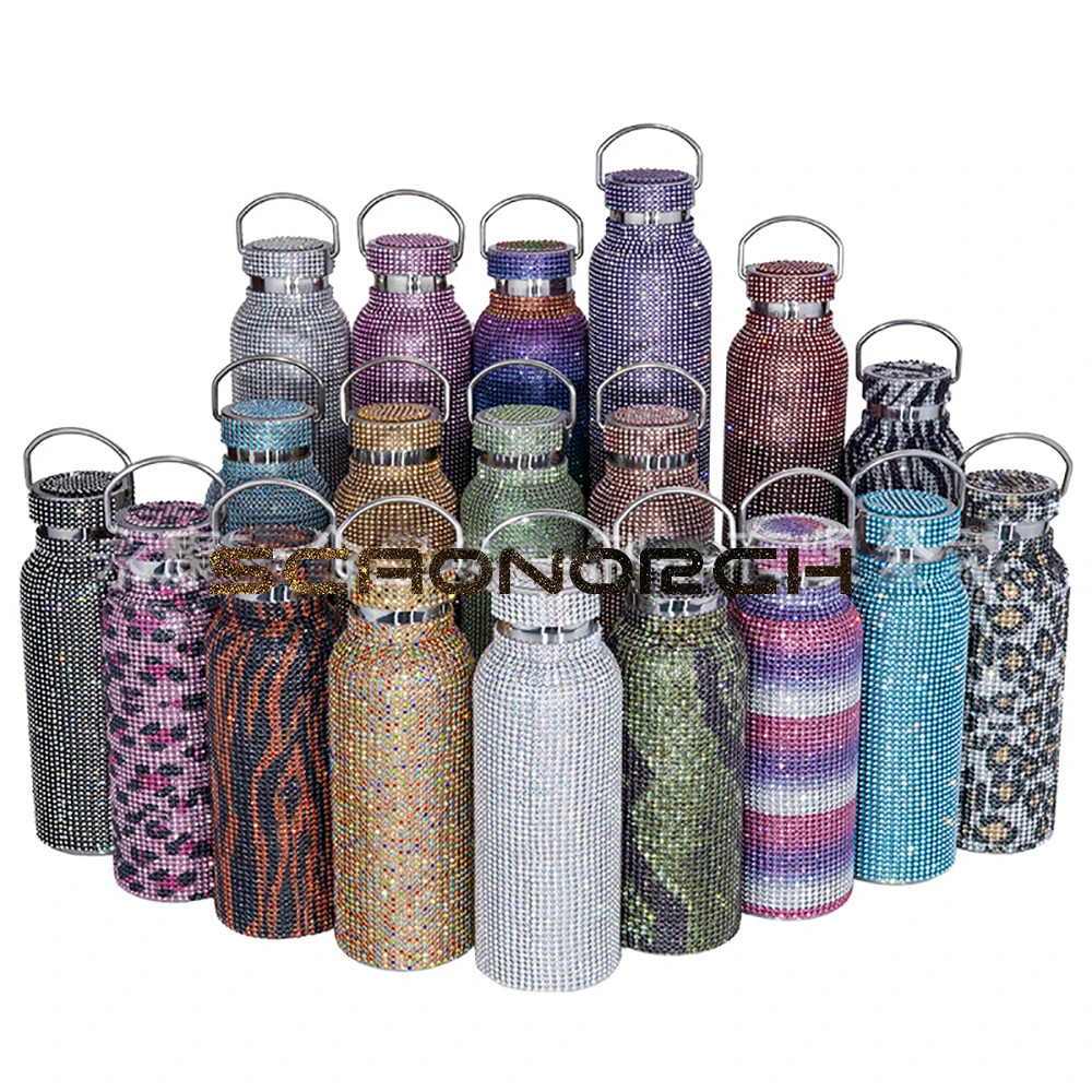 

Sparkling Diamond Thermos Bottles Portable Glitter Rhinestone Water Bottle With Chain Double Wall Stainless Steel Thermal Flask