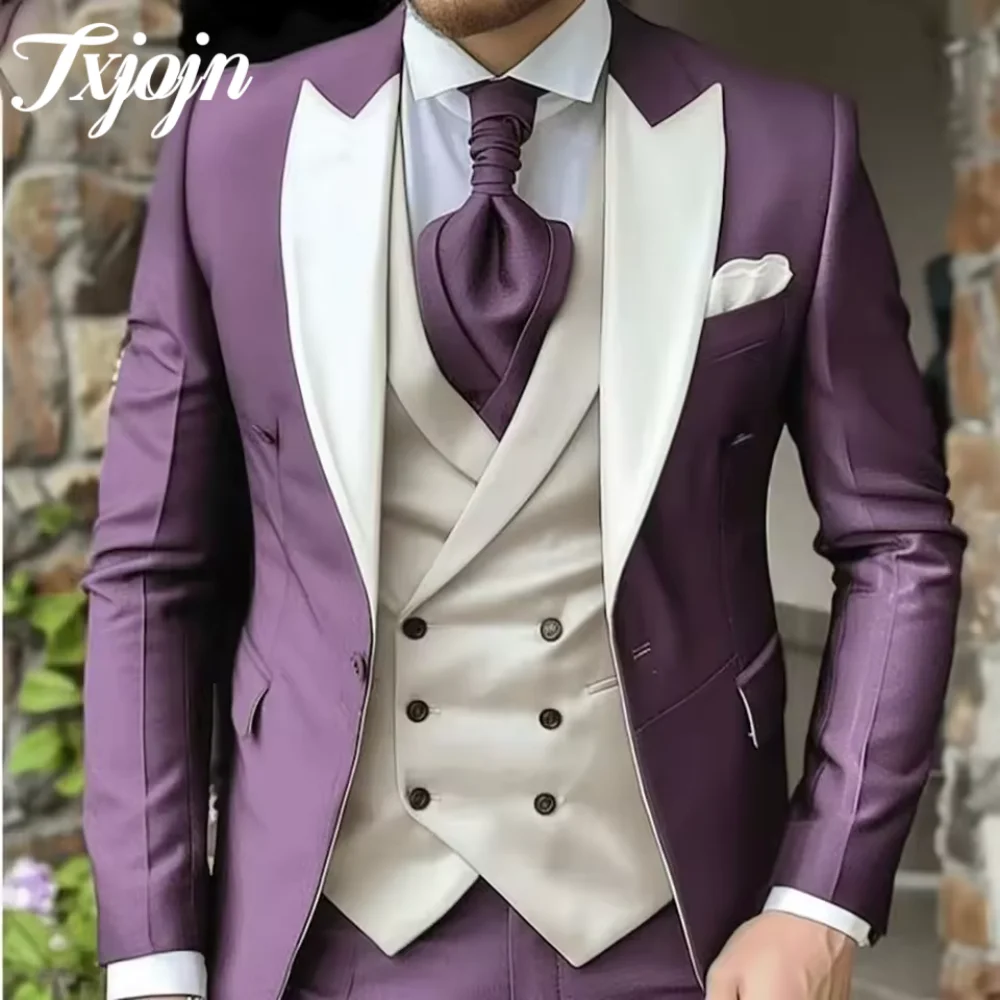 

Luxurious Wedding 3PCS including Jacket Pants Vest Set Formal Single Breasted Peak Lapel Purple Clothing Men's Suit Customized