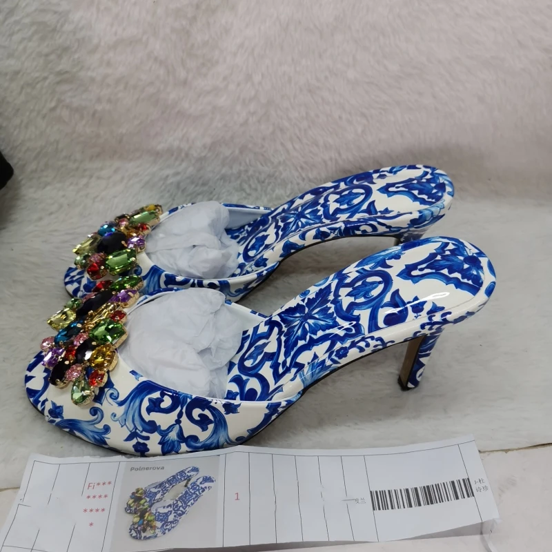High Heeled Prints Jewel Slippers for Women Bohemian Colorful Crystal Open-Toe Stiletto Blue Green Summer Vacation Shoes view 2