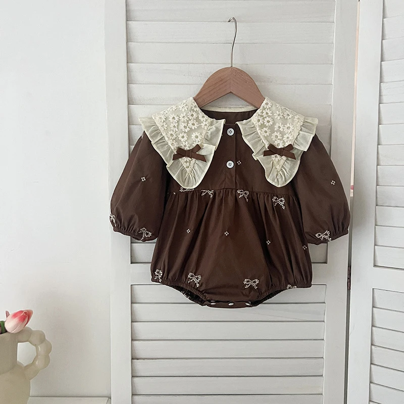 2026 ربيع جديد طفلة حفلة القوس الأطفال رومبير 0-24 متر بأكمام طويلة القطن التطريز الطفل رومبير طفل الأميرة الملابس #3