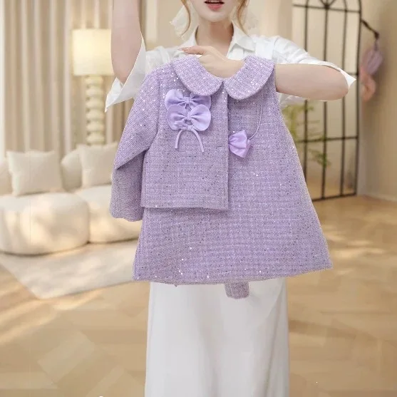 2026 new girls' small fragrance style two-piece set, spring autumn winter purple bow sequin coarse floral vest skirt set