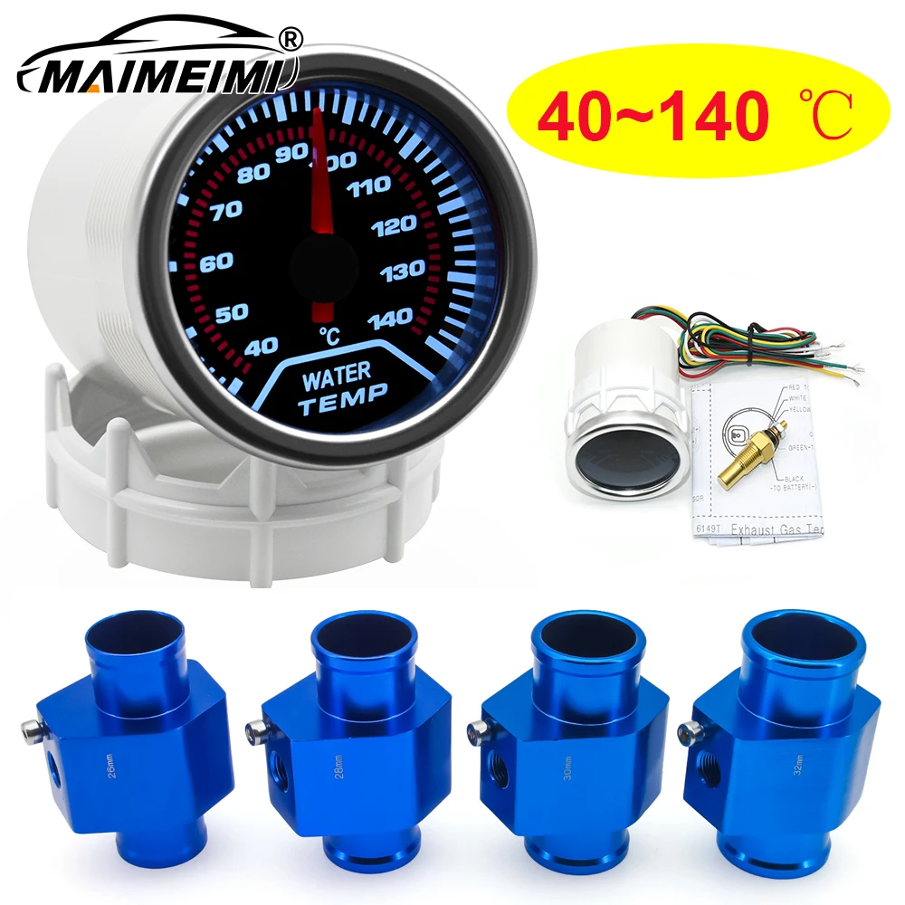 

2'' 52mm Car Water Temperature Gauge 40-140 ℃ with Temp Sensor Water Temp Joint Pipe 1/8NPT Sensor Adapter Analog White Led Cas