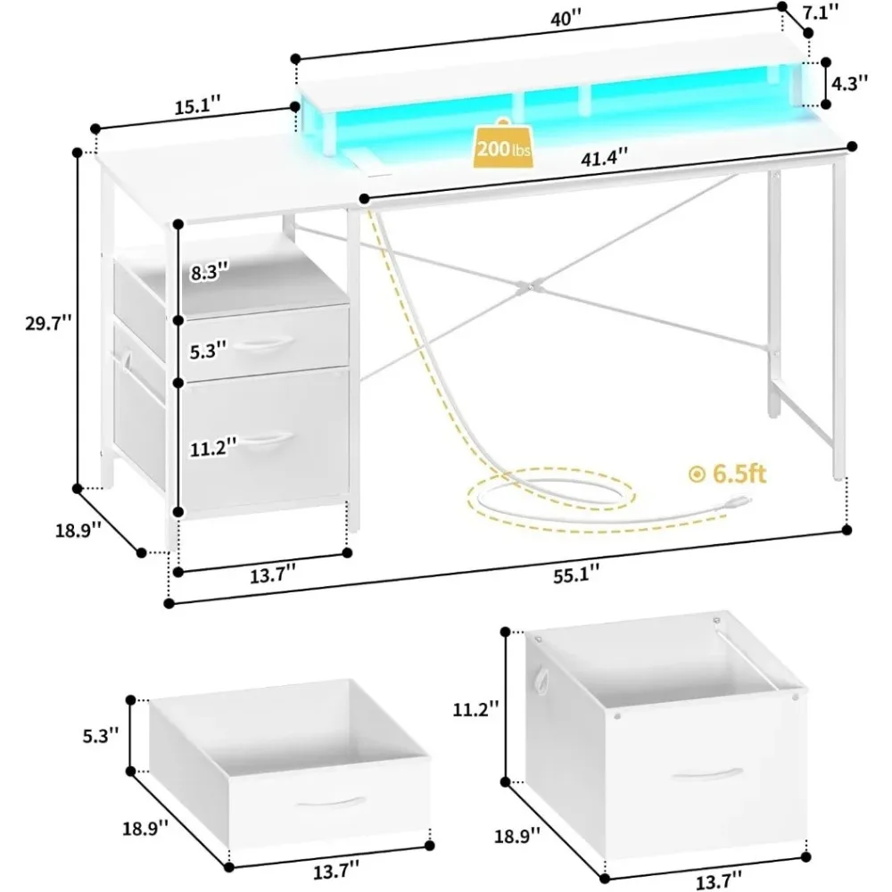 Mesa de escritório com luzes LED e saídas elétricas, mesa para jogos, mesa com armário de arquivo de tecido, mesas para casa e escritório