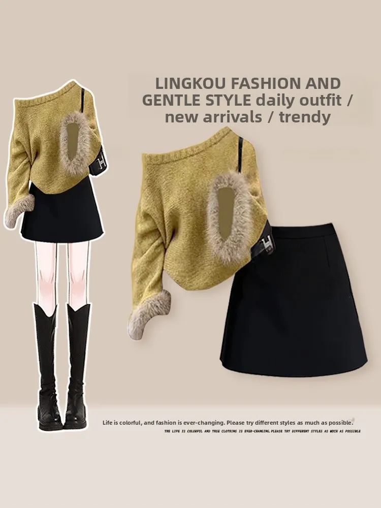 

Elegant Spring Knitted Two-Piece Set Women's Shoulder Bared Sweater And Slimming Short Skirt Casual Style Age-Defying Outfit
