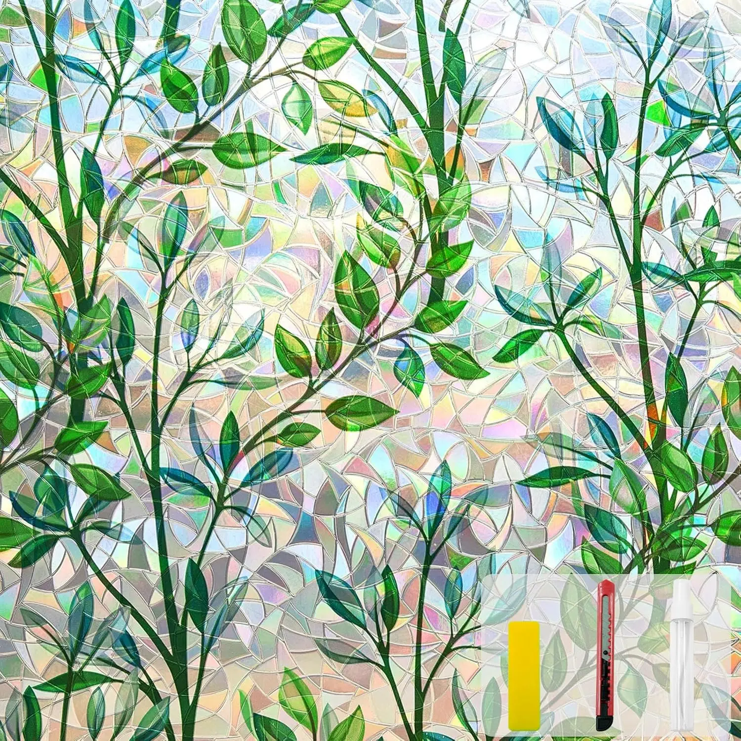 Película de privacidad para ventanas, película decorativa para ventanas de vidrio, película para ventanas arcoíris, película decorativa reutilizable sin adhesivo para habitación (Leaf Ra