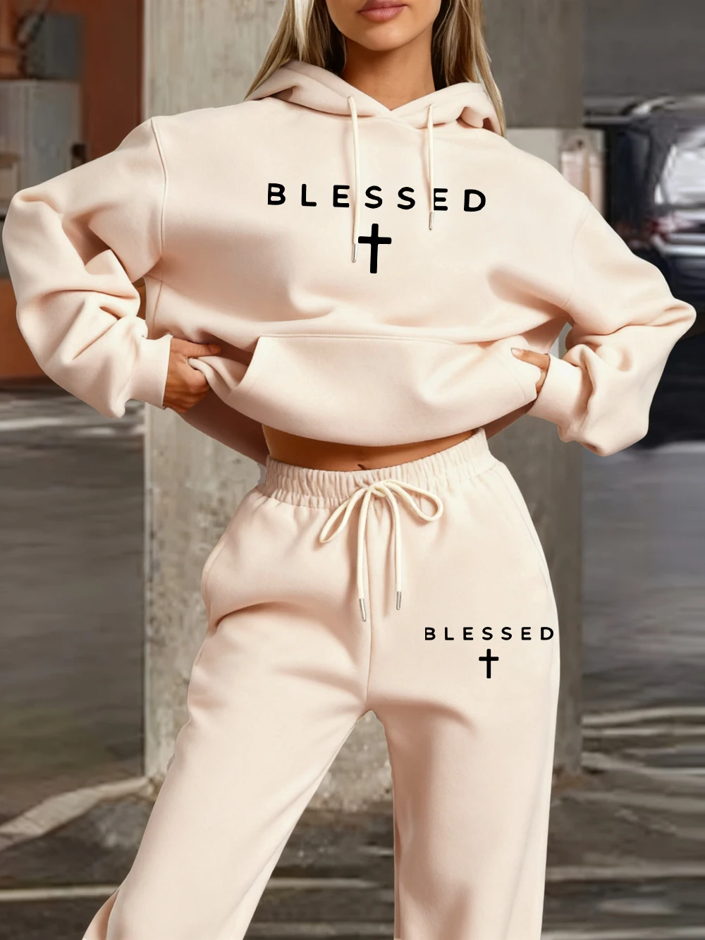 2 Piece Hoodies Set Womens Blessed Cross Prints Sweatpantswinter Fleece Warm Pocket Pants Sweatshirt Sporty Oversized Clothes view 3