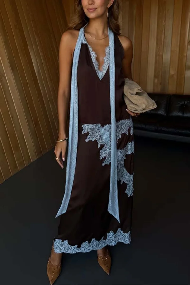 Sexy Lace Embroidery Splice Satin 2 Piece Sets Women Outfit Summer Clothes Women Sleeveless Top Long Skirt Suit Satin Dress Sets