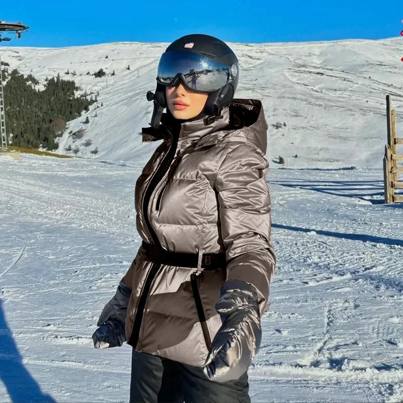 موضة مقنعين معطف مبطّن بالقطن مع حزام المرأة الشتاء ضئيلة الوقوف طوق كم كامل رشاقته الدافئة التزلج سترة الإناث