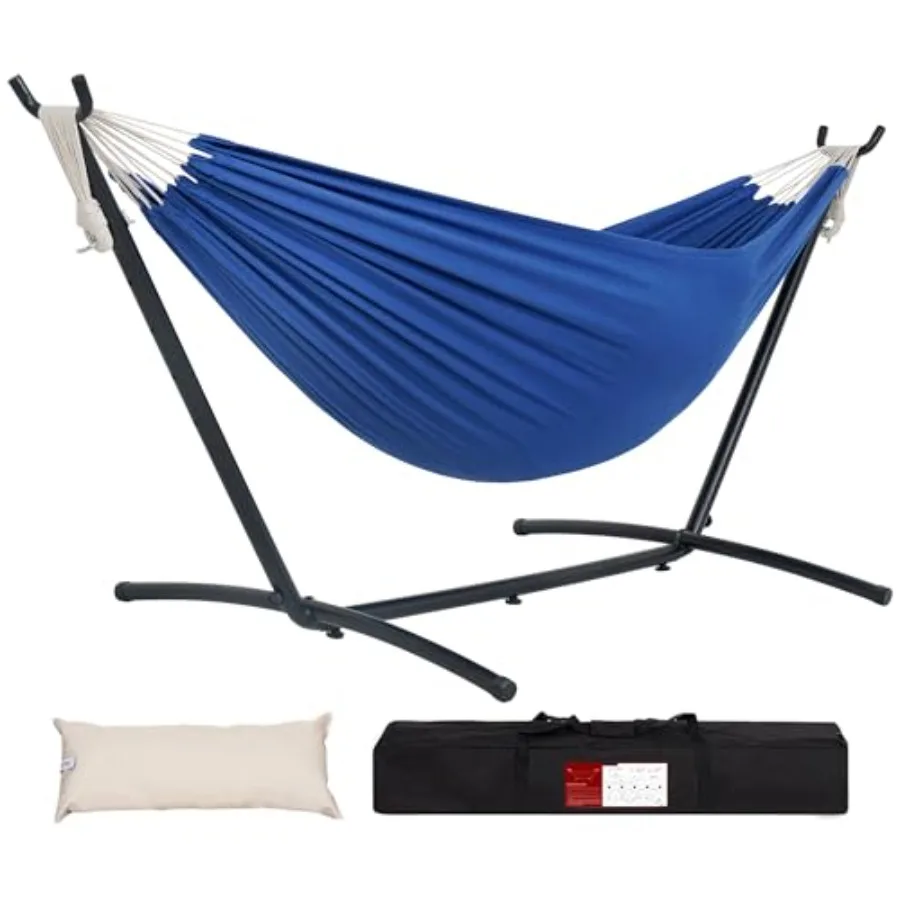 

Double Hammock for outdoor use, steel frame, dark blue, space-saving 9ft stand with portable carrying case and 450 lb capacity