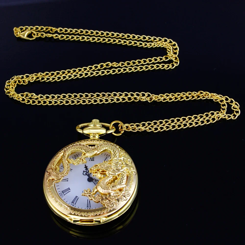 Luxury Golden Dragon Hollow Digital Quartz Pocket Watch Fashion Pendant Necklace Time Clock Men's and Women's Accessories Gifts
