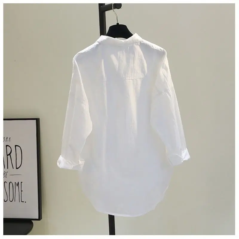 Loose Artistic Casual Double Pockets Long Sleeves Shirt for Women\'s Spring Autumn Short Front Long Back White Pure Cotton Shirt