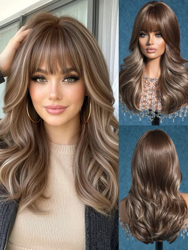 

Brown Wavy Synthetic Wig for Women with Blonde Highlights Heat Resistant Natural Looking for Daily Party Cosplay
