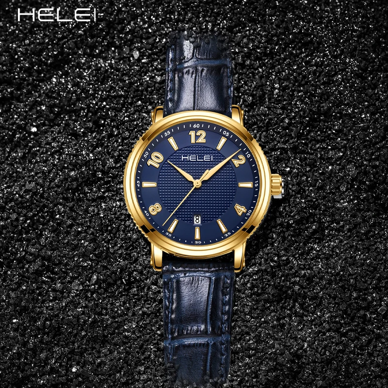 HELEI Fashion new sports casual quartz watch date genuine leather strap men's wristwatch