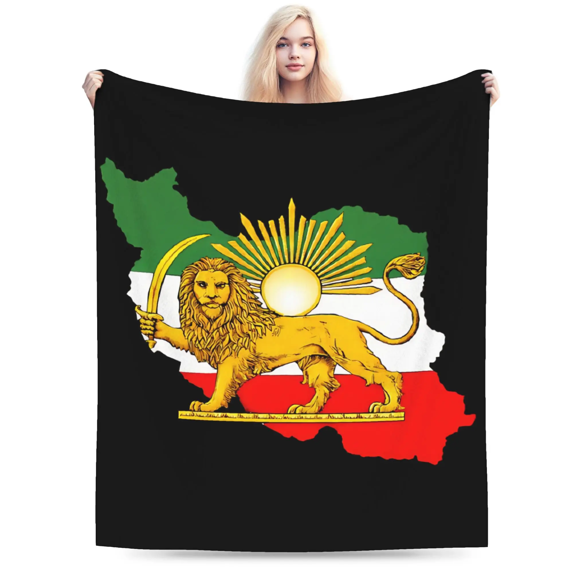 Iran Flag Map with Lion and Sun Emblem Vintage Persian Heritage Flannel Blankets Men  Throw Blanket Spring Living Room Bedspread