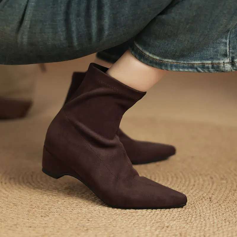 2026 new autumn winter women ankle boots 22-26cm flannel+pigskin/plush pointed toe thick heel women short boots skinny boots