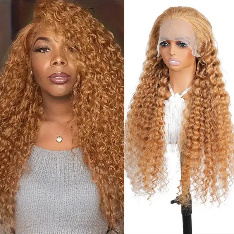 

Honey Blonde Color 27 Wig Human Hair Deep Wave Lace Front Wigs Human Hair #27 Color Blonde Curly 13x6 Hd Lace Front Wigs 20"-38"