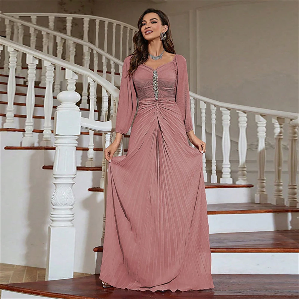 Chiffon rosa Abaya diamante pieghettato moda donna musulmana manica lunga maxi abiti Turchia Eid abito da festa abiti da sera abbigliamento