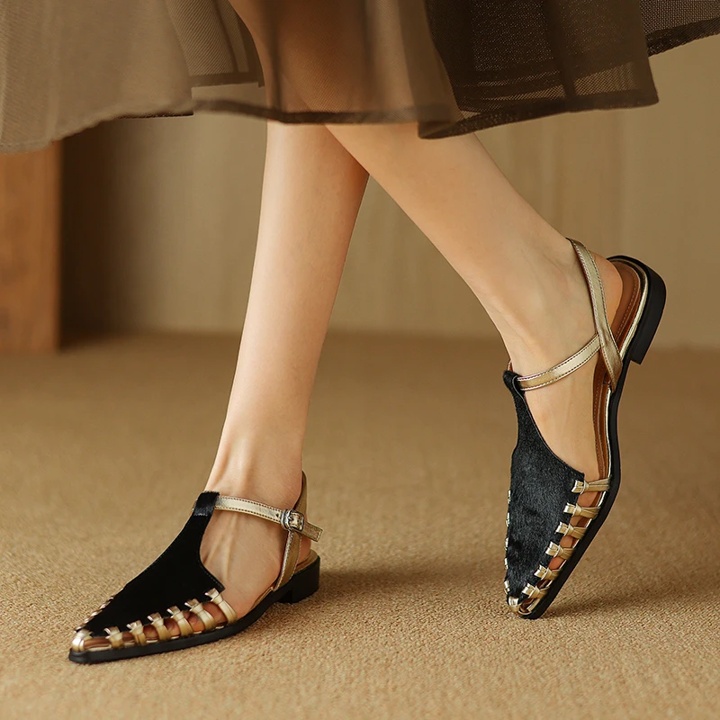 NEW Summer Women Sandals Genuine Leather Shoes for Women Cover Toe Slingback Sandals Pointed Toe Strange Heel Designer Sandals