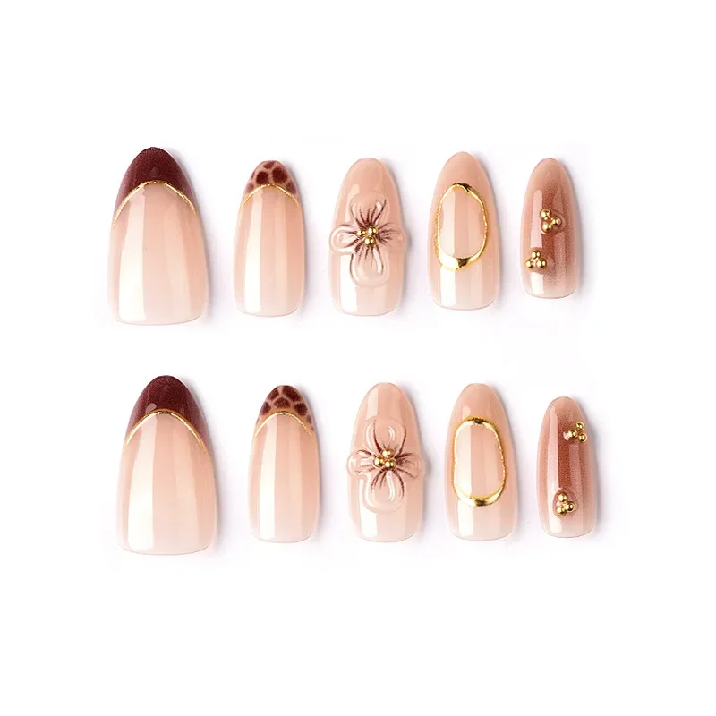 

24PCS Elegant 3D Flowers Almond False Nails Leopard French Tip Luxury Press on Nails for Daily Comfort Sweet Removable Manicure