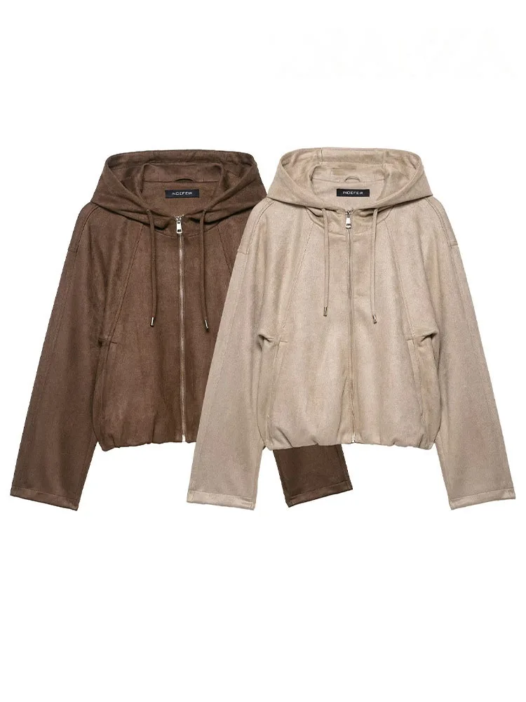 HH Woman Autumn Street Style Jacket Women Chic Hooded Zipper Jacket Solid Casual Loose Long Sleeves Pocket Design Short Coat