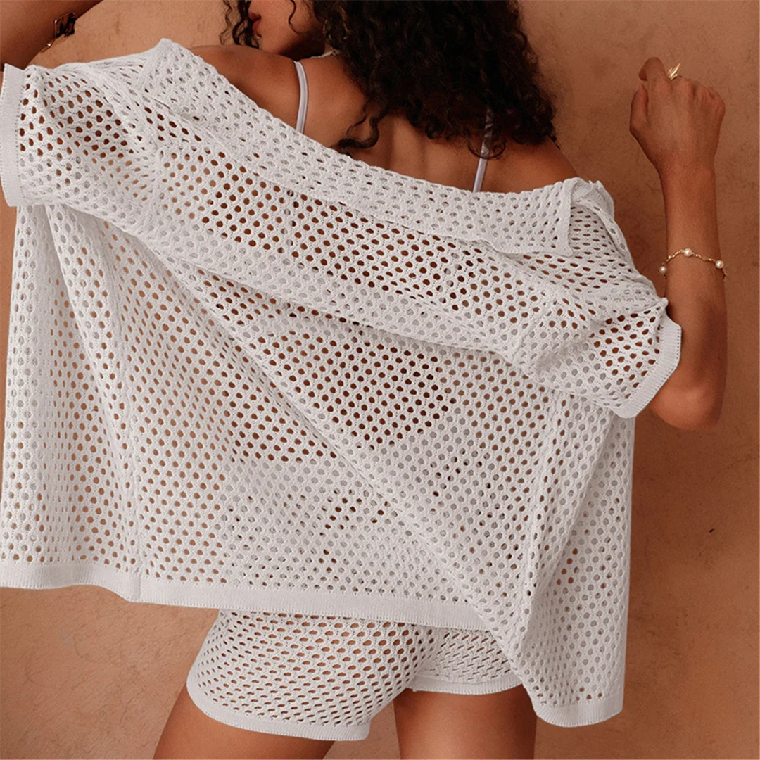 Kurzarm-Häkel-Strick-2-Teiler-Set, Tunika, Strand-Überwurf, Strandshorts, Strandkleidung, Damen V6744 – Detail 9