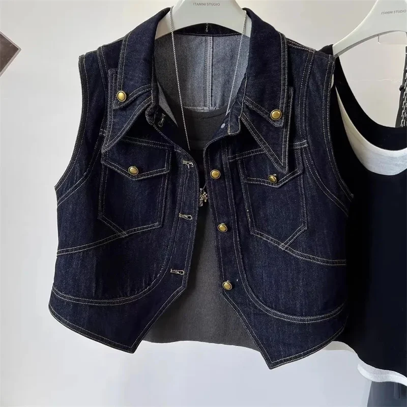 

Spring Autumn Casual blue Women's Denim Vest Jacket Korean Slim Jeans Coat Single-breasted Short Female Waistcoat Outerwear