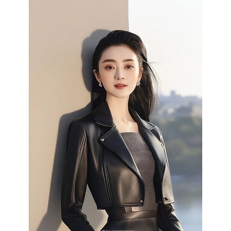 

Unique Super Good-looking Cool Stylish Short Top High-end Elegant Black Leather Jacket Goes Well All Kinds Outfits PU Leather
