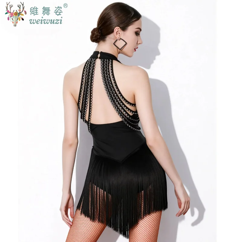 

Black Latin Dance Dress Party Performance Senior Women Ballroom Adult Practice Wear Tassel Sports Costume Sexy backless Skirt