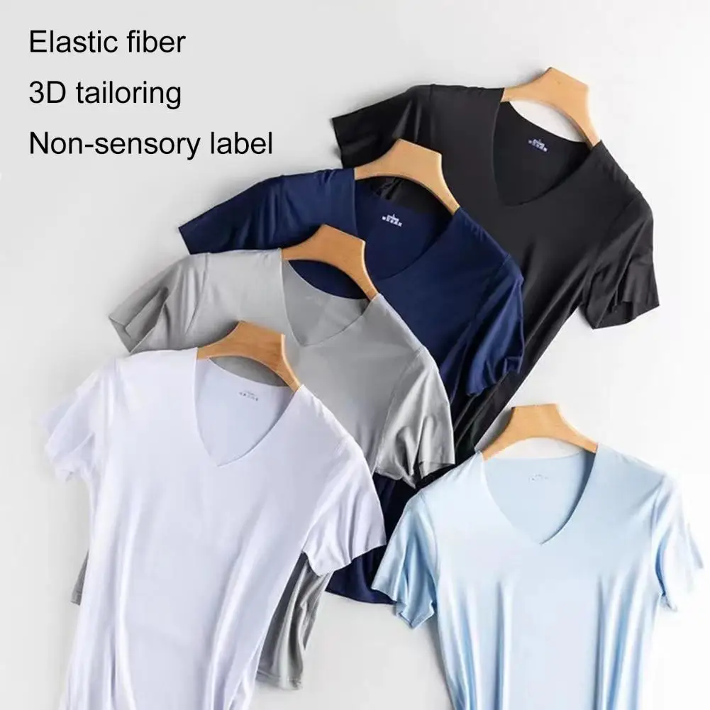Men Summer T-shirt V Neck Thin Ice Silk Solid Color Thin Stretchy Pullover Sweat Absorption Quick-drying T-shirt Fitness Top