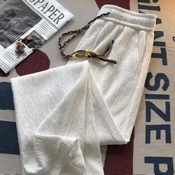 Ice Silk Casual Pants Men Thin Sport Straight Sweatpants Linen White Loose Fold Ankle-length Walking Trousers Male