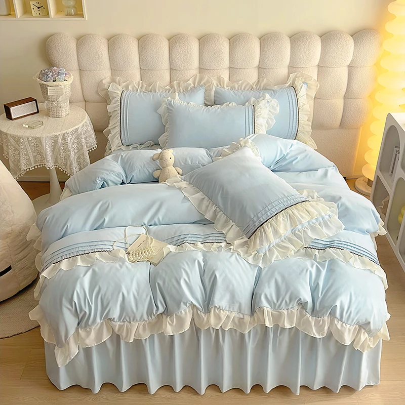 مجموعة غطاء لحاف بتصميم دانتيل رومانسي، تنورة سرير من الدانتيل، مقاس كينج، قطن مغسول، صديق للبشرة، قابل للتنفس لحجم الملك، مقاس كوين #1