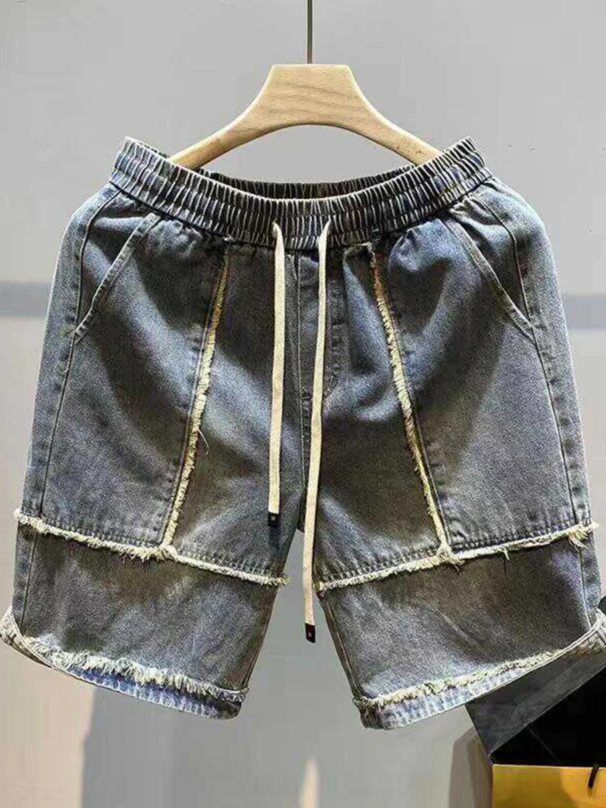 Rough edge splicing denim shorts men's summer high street trend ruffian handsome pants retro casual five-point pants