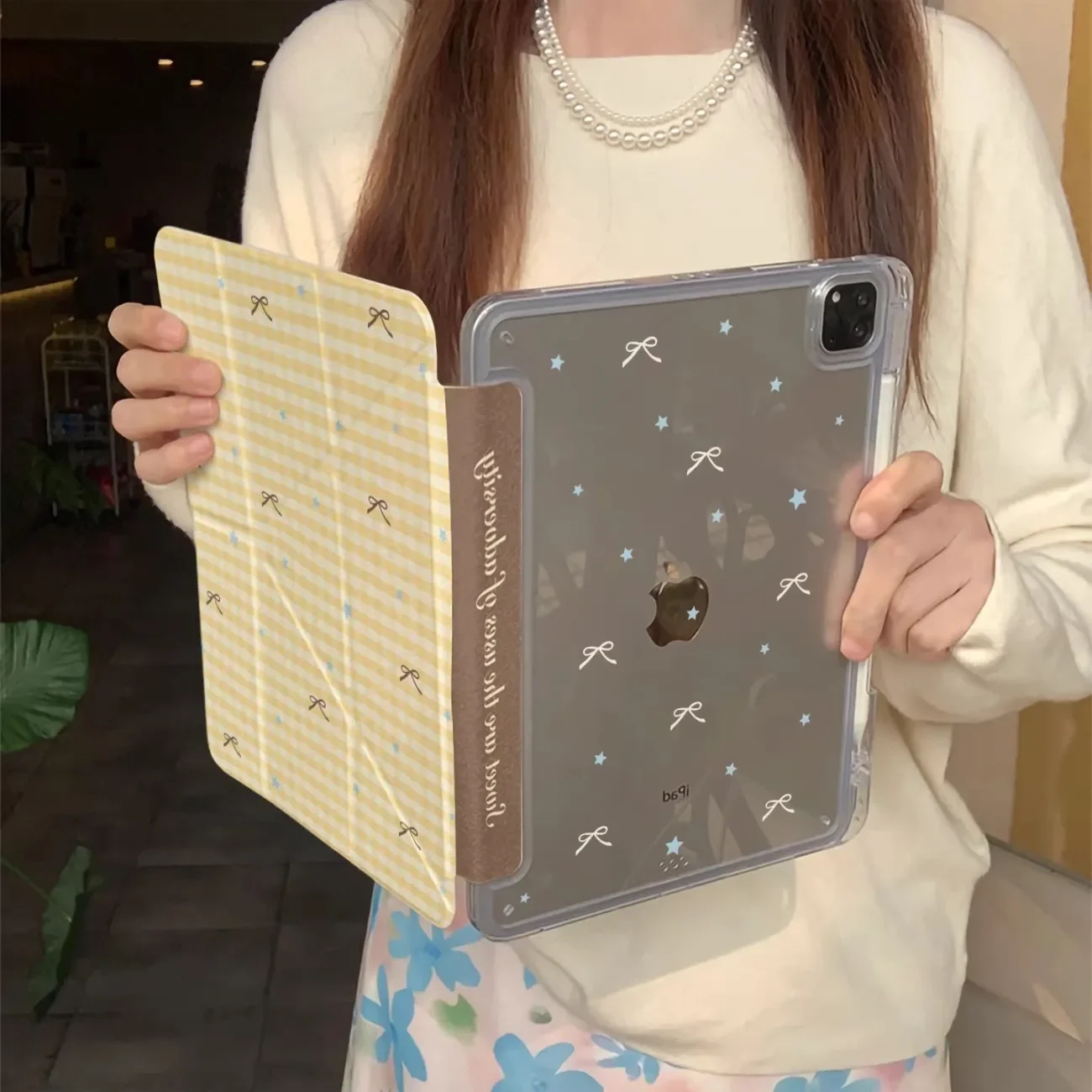 Yellow Check Bow Star Tablet Case For iPad Pro 11 12.9 13 M2 M4 M3 M5 Shell 8.3 9.7 10.2 5/6/7/8/9/10/11th Air 2 3 4 5 6 7 Cover