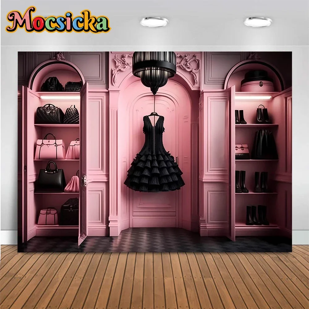 Pink Dreamy Girl Birthday Photo Background Props Classic Black Dress Decor Wardrobe Backdrop Wallpaper Studio Photographic Zone