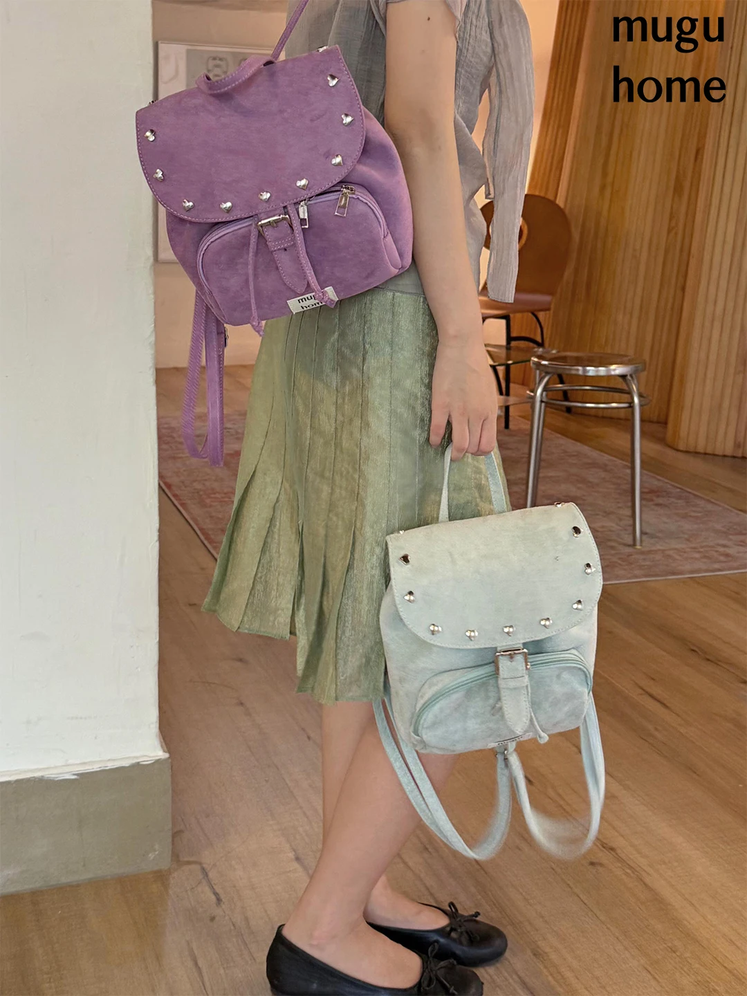 muguhome-original-spring-summer-rivet-velvet-backpack-women's-versatile-mint-green-shoulder-bag-for-daily-use