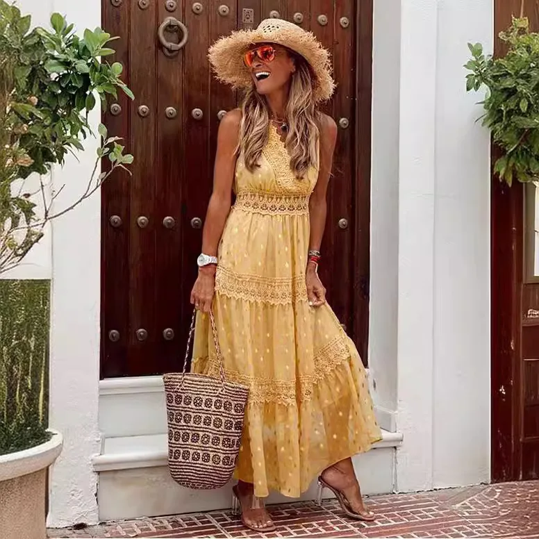 Ärmelloses Chiffon-Kleid mit V-Ausschnitt, Patchwork, mittellanges Kleid, 2022, Sommer, einfarbig, schlichtes und modisches Kleid für Damen