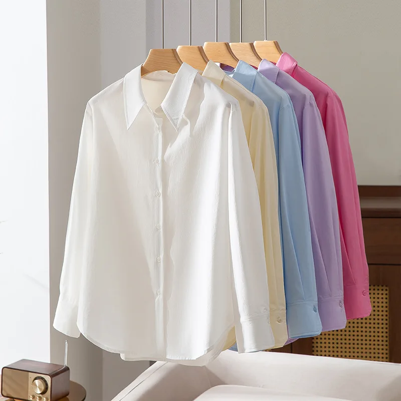 

2026 Spring Summer New Cotton Shirt Women Breathable Casual Lapel Blouse Elegant Loose Cotton Blouse Tops Long Sleeve Shirt