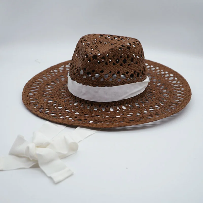 Brown Straw Hat Hollow Style Wide Brim Panama Summer Hats for Women Men with Chin Strap Breathable Boater Beach Sun Hat Derby