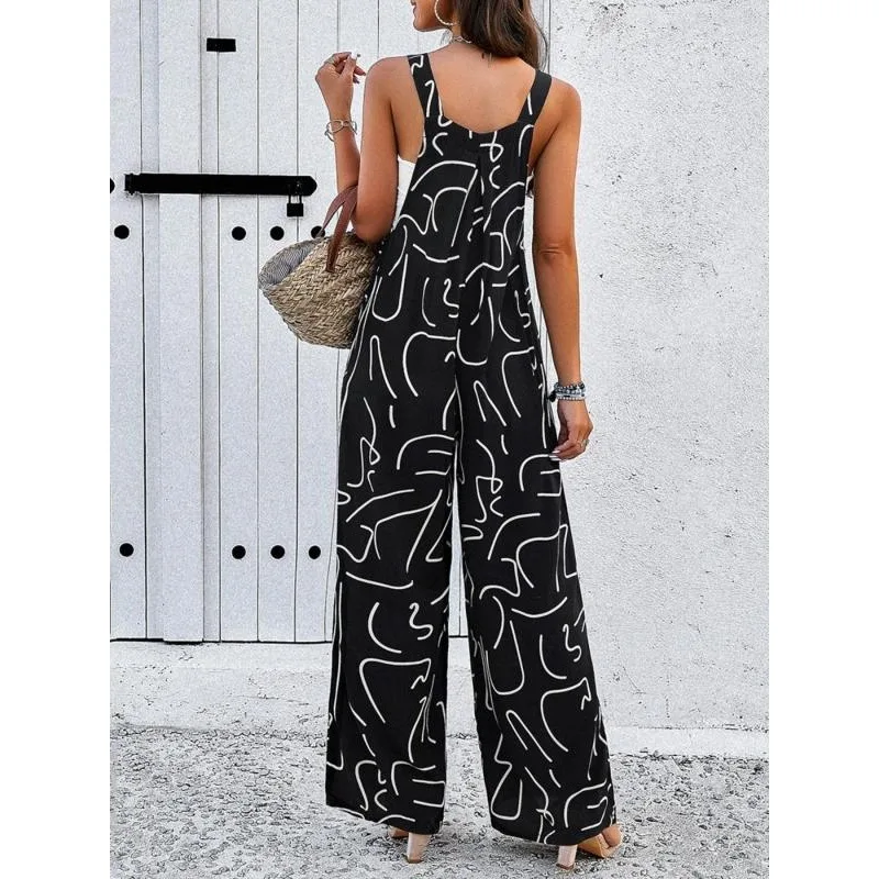 Plus Size Women's New Fashion Button Sexy Sleeveless Suspender Temperament Printed Casual Belt Pocket Jumpsuit image 2