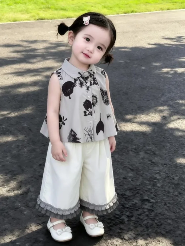 high-quality-girls-summer-fashion-shirt-wide-leg-pants-two-piece-set-cotton-polyester-blend-casual-style-children's-clothing